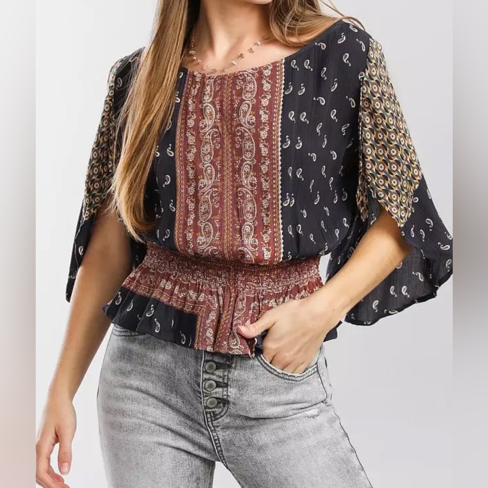 Angie Bohemian‎ Paisley Print Crinkle Top Sz S Smocked Waist Artsy Retro 90s Y2K